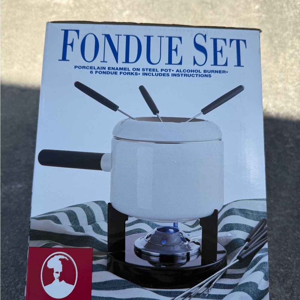 NEW Roshco Fondue Set White Porcelain Enamel On Steel Pot w/ 6 Forks
